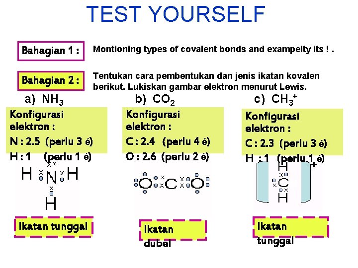 TEST YOURSELF Bahagian 1 : Montioning types of covalent bonds and exampelty its !.