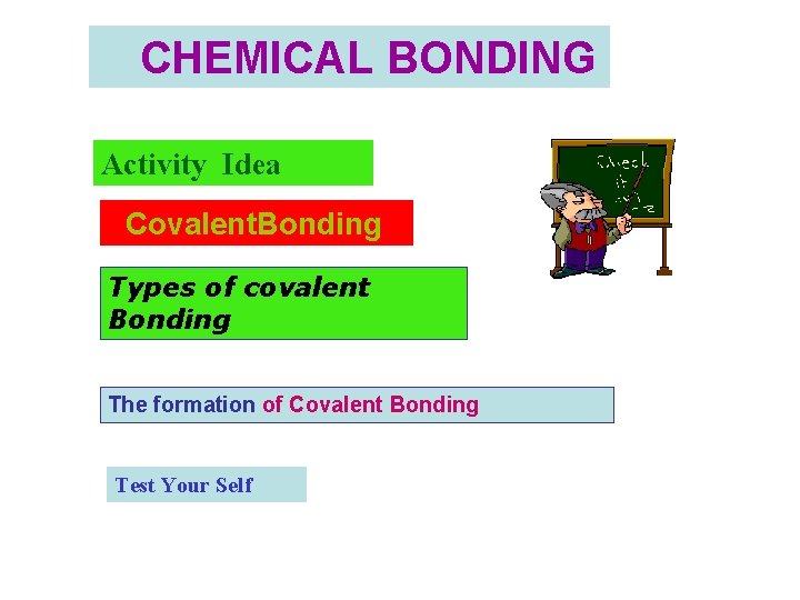 CHEMICAL BONDING Activity Idea Covalent. Bonding Types of covalent Bonding The formation of Covalent