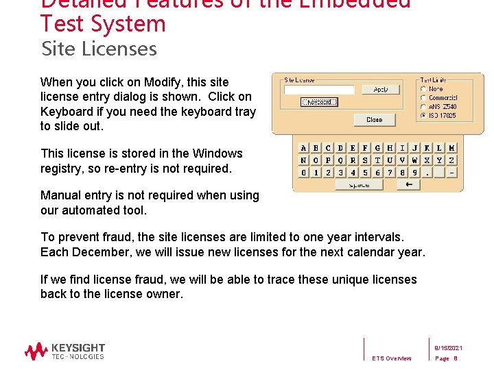 Detailed Features of the Embedded Test System Site Licenses When you click on Modify, Detailed Features of the Embedded Test System Site Licenses When you click on Modify,