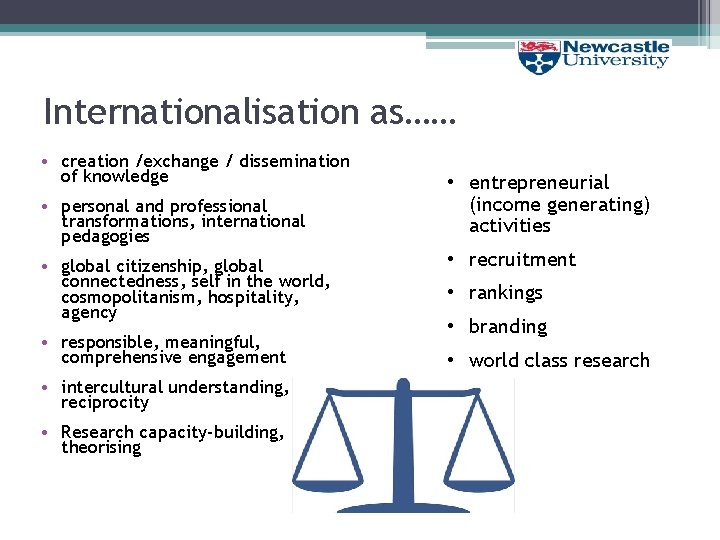 Internationalisation as…… • creation /exchange / dissemination of knowledge • personal and professional transformations,