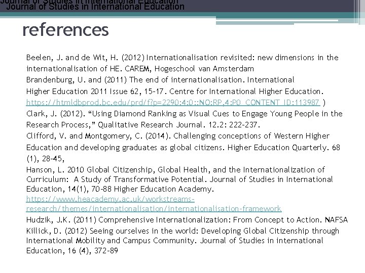 Journal of Studies in International Education references Beelen, J. and de Wit, H. (2012)