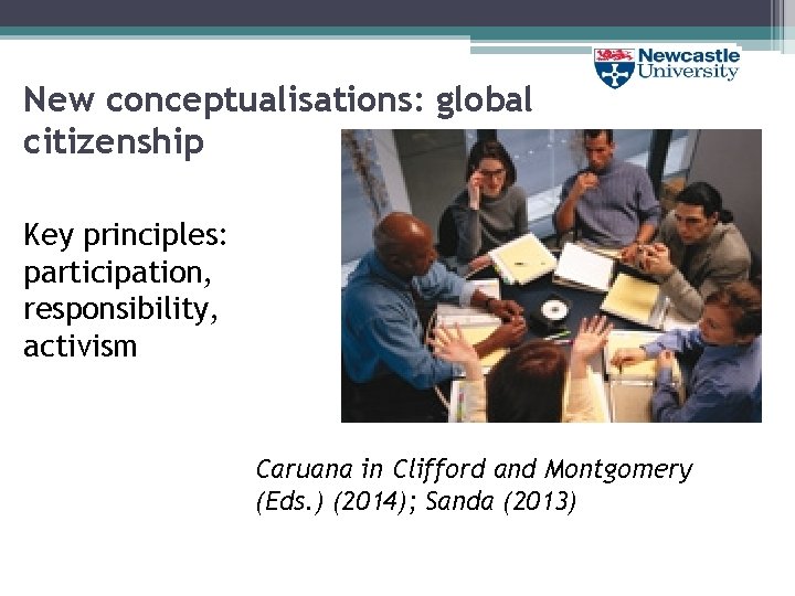 New conceptualisations: global citizenship Key principles: participation, responsibility, activism Caruana in Clifford and Montgomery