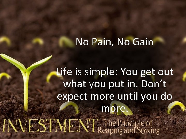 No Pain, No Gain Life is simple: You get out what you put in.