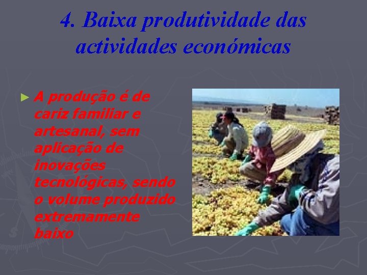 4. Baixa produtividade das actividades económicas ►A produção é de cariz familiar e artesanal,