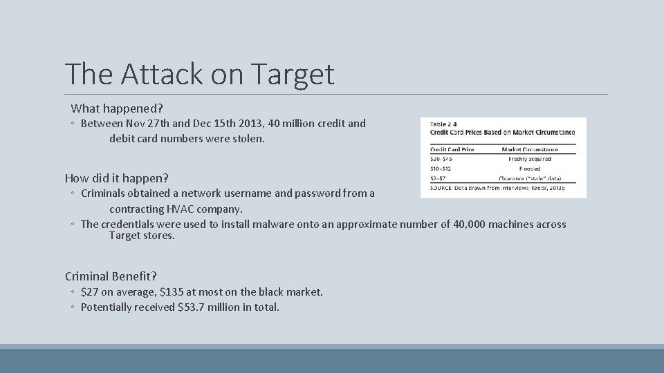 The Attack on Target What happened? ◦ Between Nov 27 th and Dec 15