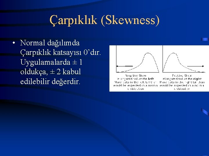 Çarpıklık (Skewness) • Normal dağılımda Çarpıklık katsayısı 0’dır. Uygulamalarda ± 1 oldukça, ± 2