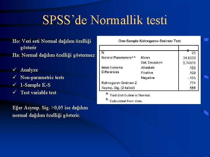 SPSS’de Normallik testi Ho: Veri seti Normal dağılım özelliği gösterir Ha: Normal dağılım özelliği