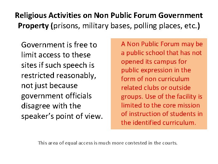 Religious Activities on Non Public Forum Government Property (prisons, military bases, polling places, etc.