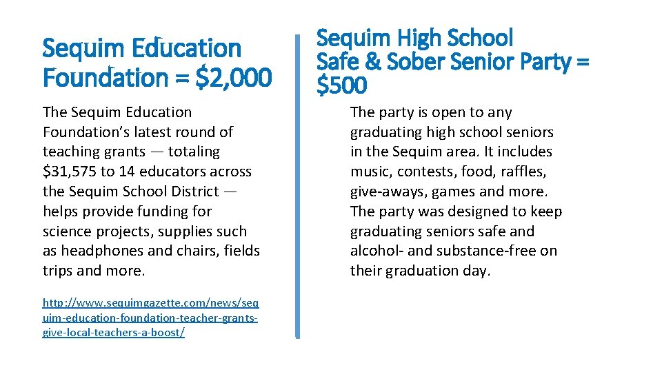 Sequim Education Foundation = $2, 000 The Sequim Education Foundation’s latest round of teaching