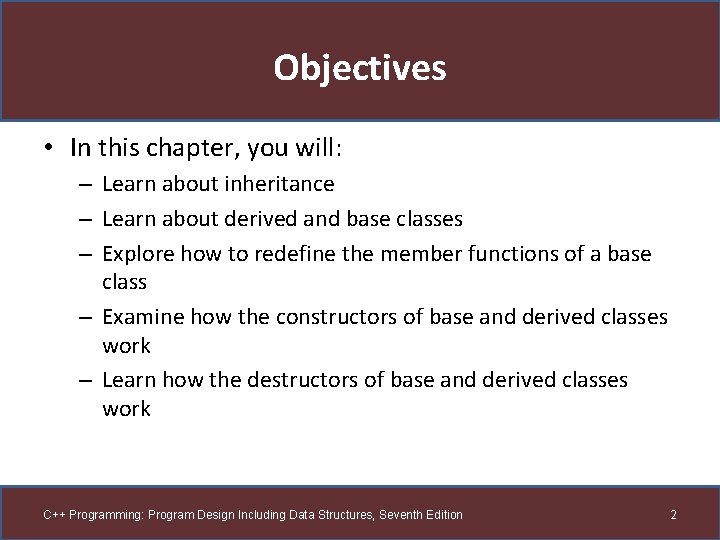Objectives • In this chapter, you will: – Learn about inheritance – Learn about Objectives • In this chapter, you will: – Learn about inheritance – Learn about