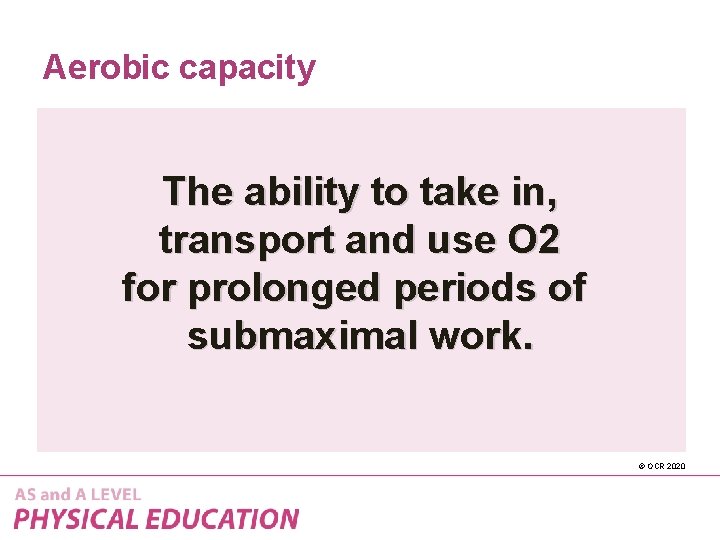 Aerobic capacity The ability to take in, transport and use O 2 for prolonged