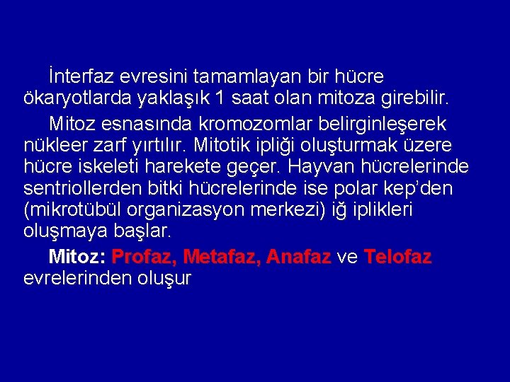 İnterfaz evresini tamamlayan bir hücre ökaryotlarda yaklaşık 1 saat olan mitoza girebilir. Mitoz esnasında