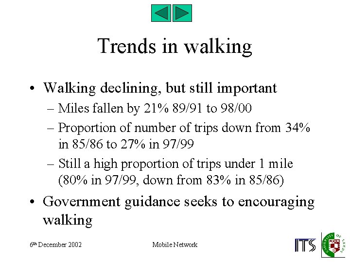 Trends in walking • Walking declining, but still important – Miles fallen by 21%