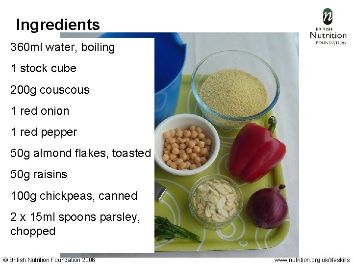 Ingredients 360 ml water, boiling 1 stock cube 200 g cous 1 red onion