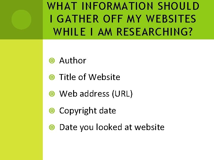 WHAT INFORMATION SHOULD I GATHER OFF MY WEBSITES WHILE I AM RESEARCHING? Author Title