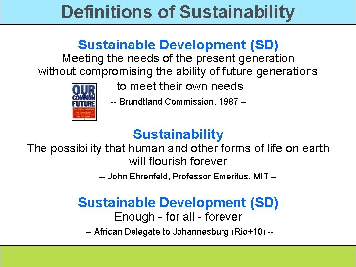Definitions of Sustainability Sustainable Development (SD) Meeting the needs of the present generation without