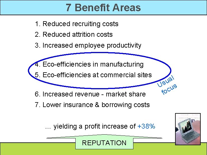 7 Benefit Areas 1. Reduced recruiting costs 2. Reduced attrition costs 3. Increased employee