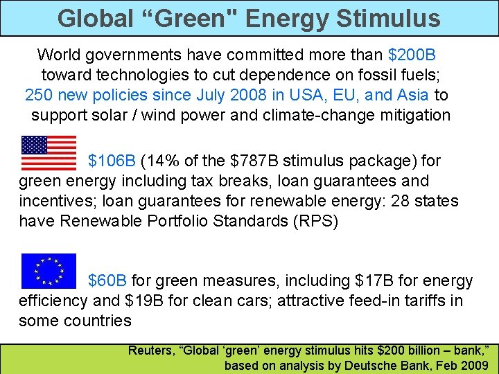 Global “Green" Energy Stimulus World governments have committed more than $200 B toward technologies