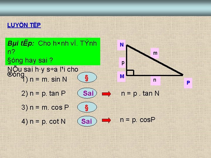 LUYÖN TËP Bµi tËp: Cho h×nh vÏ. TÝnh n? §óng hay sai ? NÕu