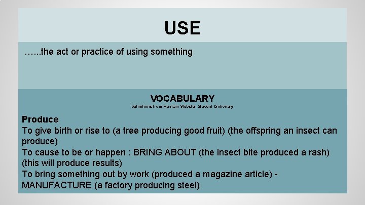 USE …. . . the act or practice of using something VOCABULARY Definitions from USE …. . . the act or practice of using something VOCABULARY Definitions from