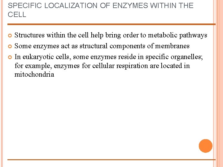SPECIFIC LOCALIZATION OF ENZYMES WITHIN THE CELL Structures within the cell help bring order