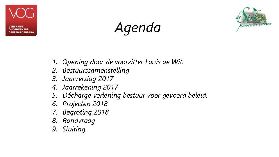 Agenda 1. 2. 3. 4. 5. 6. 7. 8. 9. Opening door de voorzitter