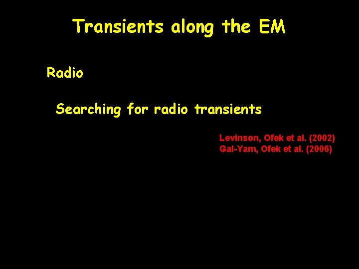 Transients along the EM Radio Searching for radio transients Levinson, Ofek et al. (2002)