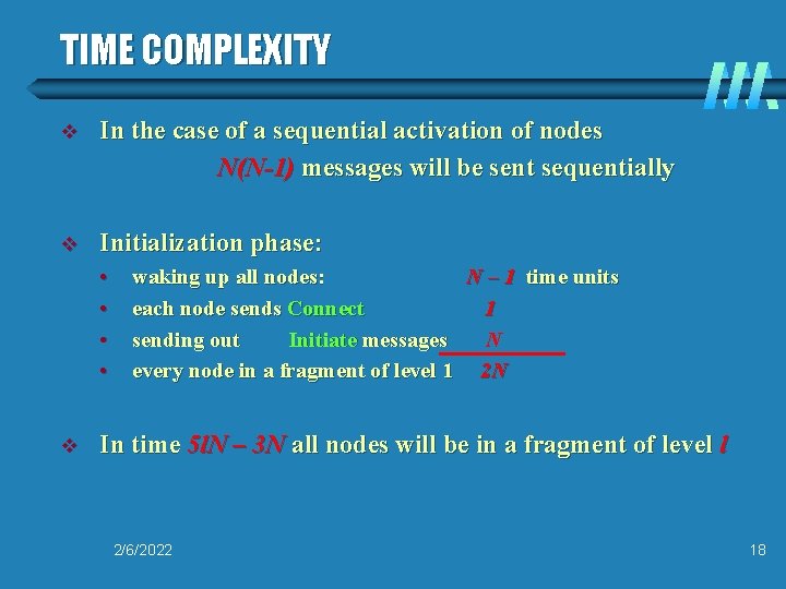 TIME COMPLEXITY v In the case of a sequential activation of nodes N(N-1) messages
