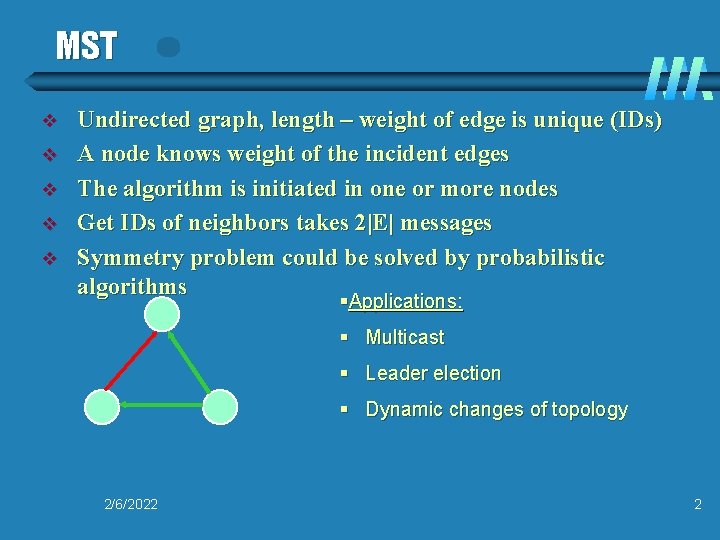 MST v v v Undirected graph, length – weight of edge is unique (IDs)