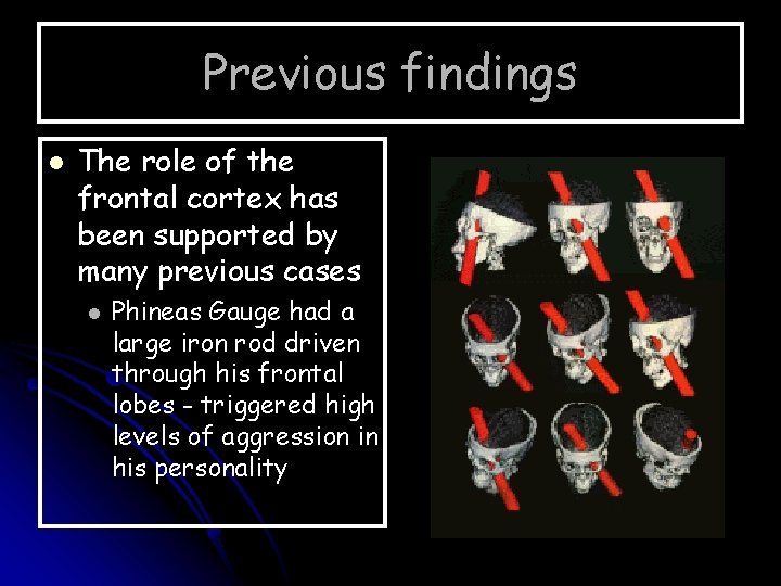 Previous findings l The role of the frontal cortex has been supported by many