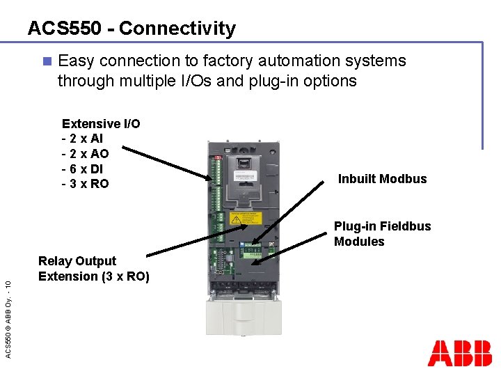 ACS 550 - Connectivity n Easy connection to factory automation systems through multiple I/Os