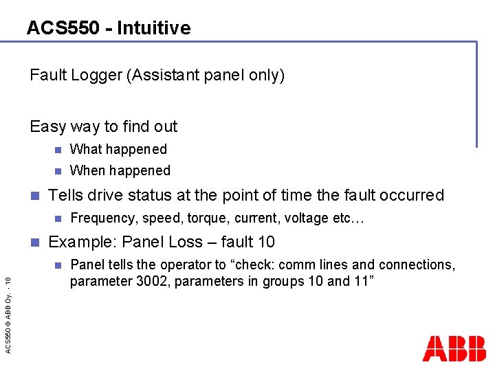 ACS 550 - Intuitive Fault Logger (Assistant panel only) Easy way to find out