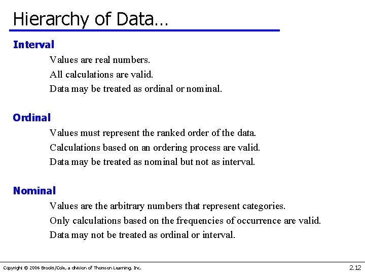 Hierarchy of Data… Interval Values are real numbers. All calculations are valid. Data may