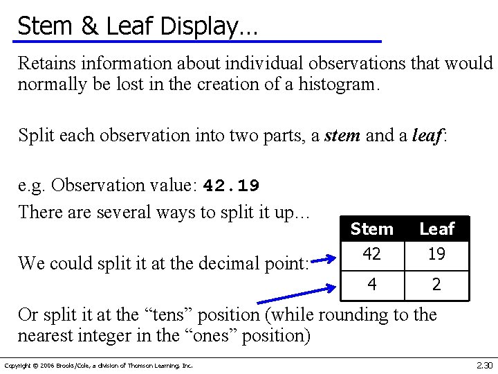 Stem & Leaf Display… Retains information about individual observations that would normally be lost