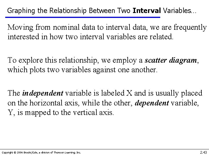 Graphing the Relationship Between Two Interval Variables… Moving from nominal data to interval data,