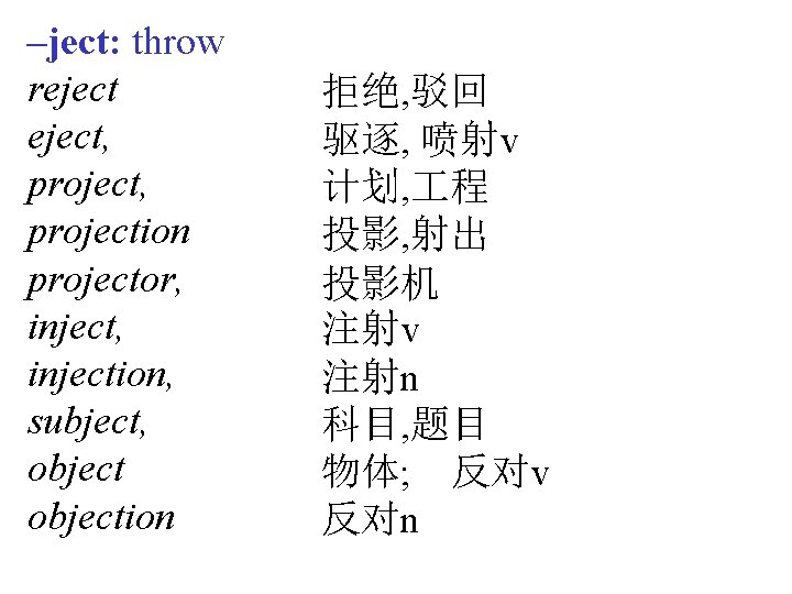 –ject: throw reject, projection projector, injection, subject, objection 拒绝, 驳回 驱逐, 喷射v 计划, 程