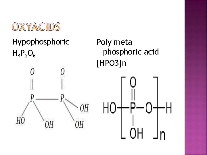 Hypophosphoric H 4 P 2 O 6 Poly meta phosphoric acid [HPO 3]n 