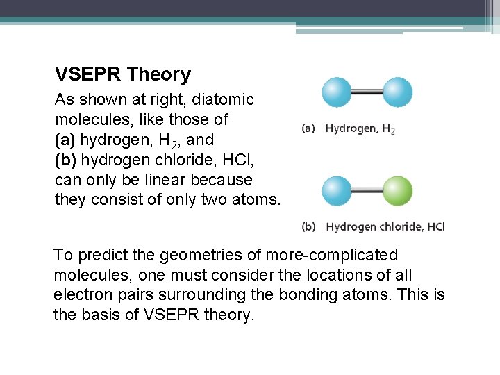 VSEPR Theory As shown at right, diatomic molecules, like those of (a) hydrogen, H