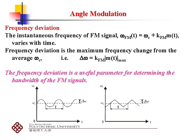 Angle Modulation Frequency deviation The instantaneous frequency of FM signal, FM(t) = c + Angle Modulation Frequency deviation The instantaneous frequency of FM signal, FM(t) = c +