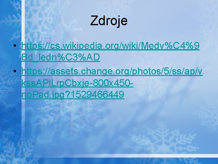 Zdroje • https: //cs. wikipedia. org/wiki/Medv%C 4%9 Bd_ledn%C 3%AD • https: //assets. change. org/photos/5/ss/ap/v