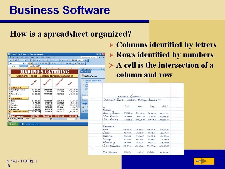 Business Software How is a spreadsheet organized? Columns identified by letters Ø Rows identified