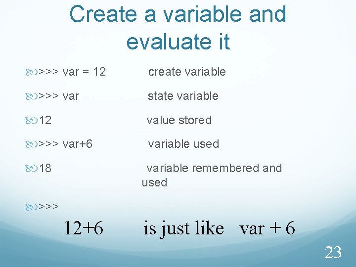 Create a variable and evaluate it >>> var = 12 create variable >>> var