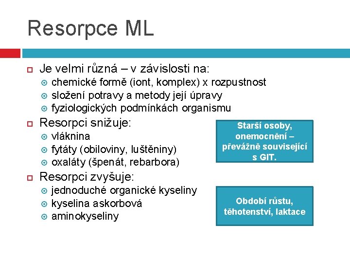 Resorpce ML Je velmi různá – v závislosti na: Resorpci snižuje: chemické formě (iont,