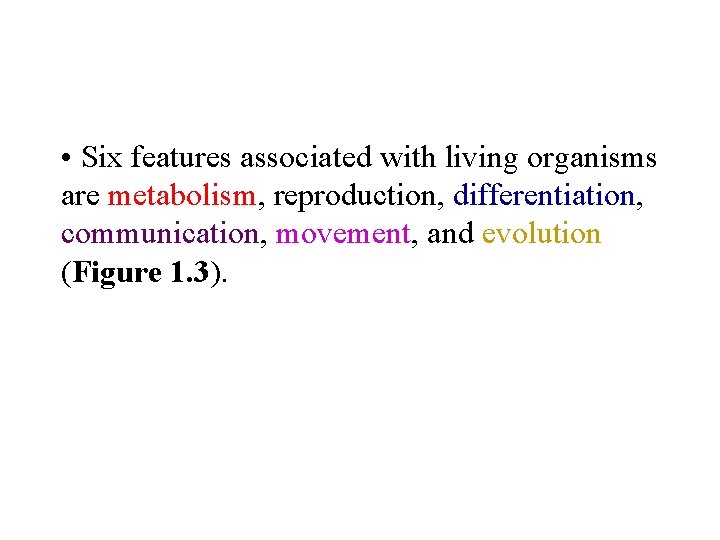  • Six features associated with living organisms are metabolism, reproduction, differentiation, communication, movement,