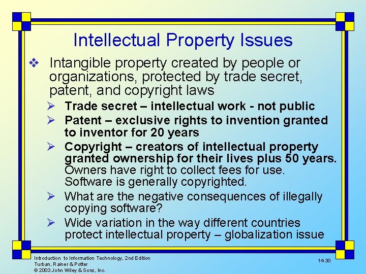 Intellectual Property Issues v Intangible property created by people or organizations, protected by trade