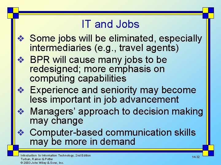 IT and Jobs v Some jobs will be eliminated, especially v v intermediaries (e.