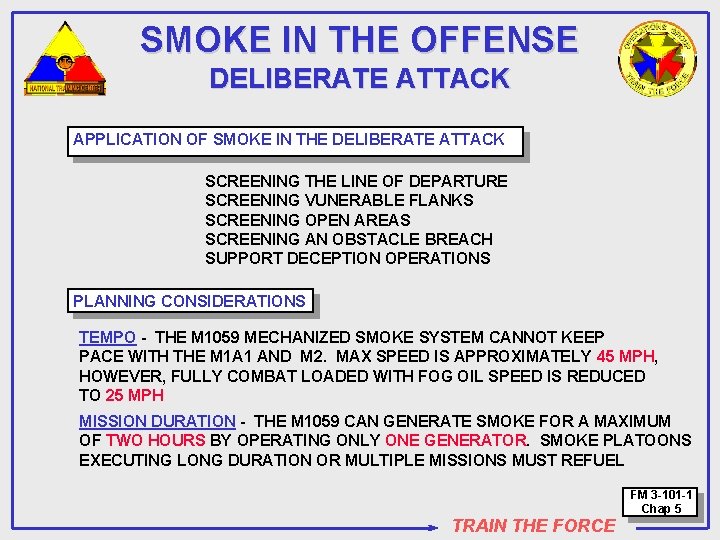 SMOKE IN THE OFFENSE DELIBERATE ATTACK APPLICATION OF SMOKE IN THE DELIBERATE ATTACK SCREENING