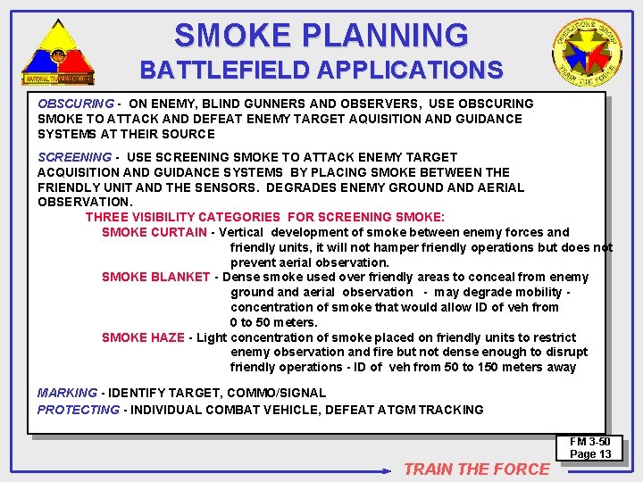 SMOKE PLANNING BATTLEFIELD APPLICATIONS OBSCURING - ON ENEMY, BLIND GUNNERS AND OBSERVERS, USE OBSCURING