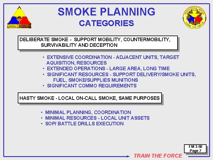 SMOKE PLANNING CATEGORIES DELIBERATE SMOKE - SUPPORT MOBILITY, COUNTERMOBILITY, SURVIVABILITY AND DECEPTION • EXTENSIVE