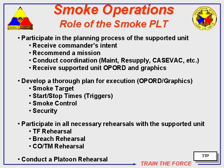 Smoke Operations Role of the Smoke PLT • Participate in the planning process of